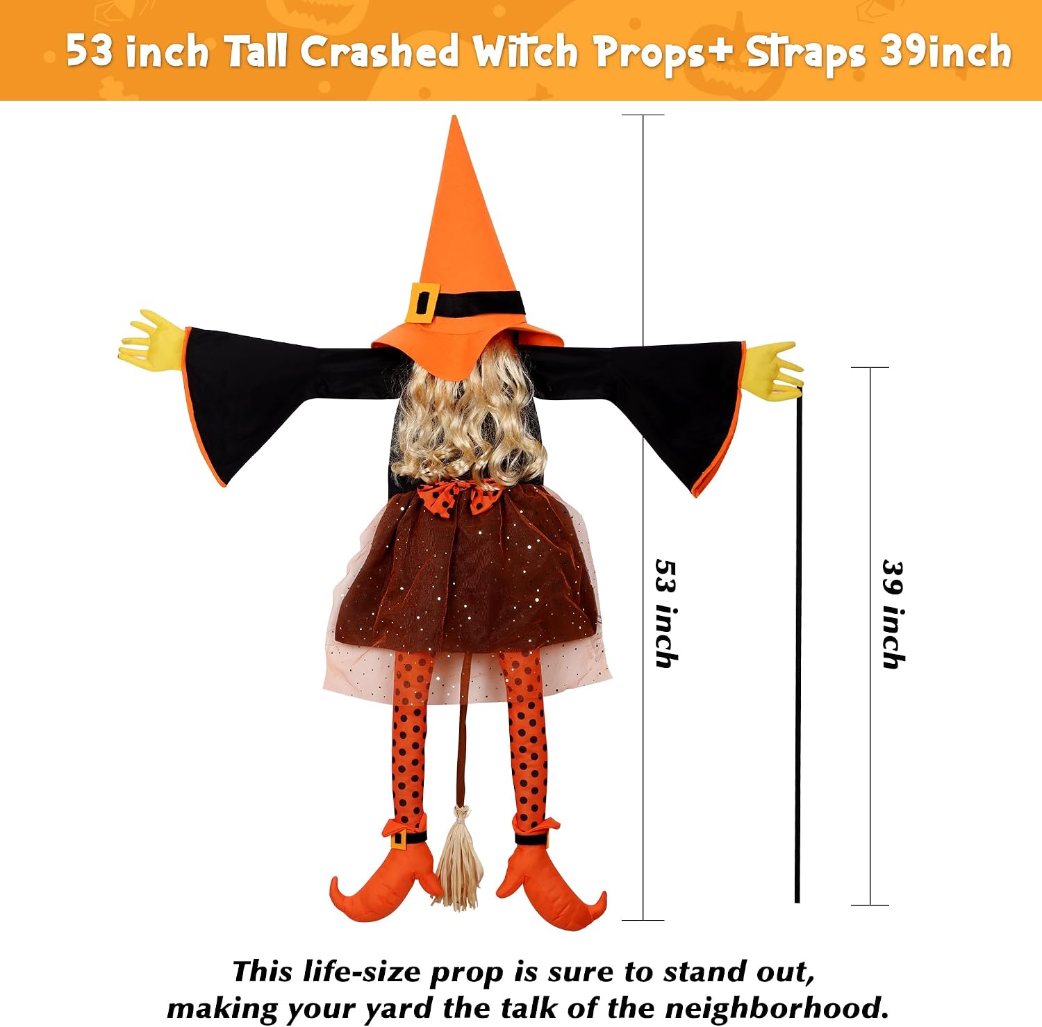 Detalle 2 de HOIIOH 53-Inch Orange Crashing Witch Halloween Yard Decoration
