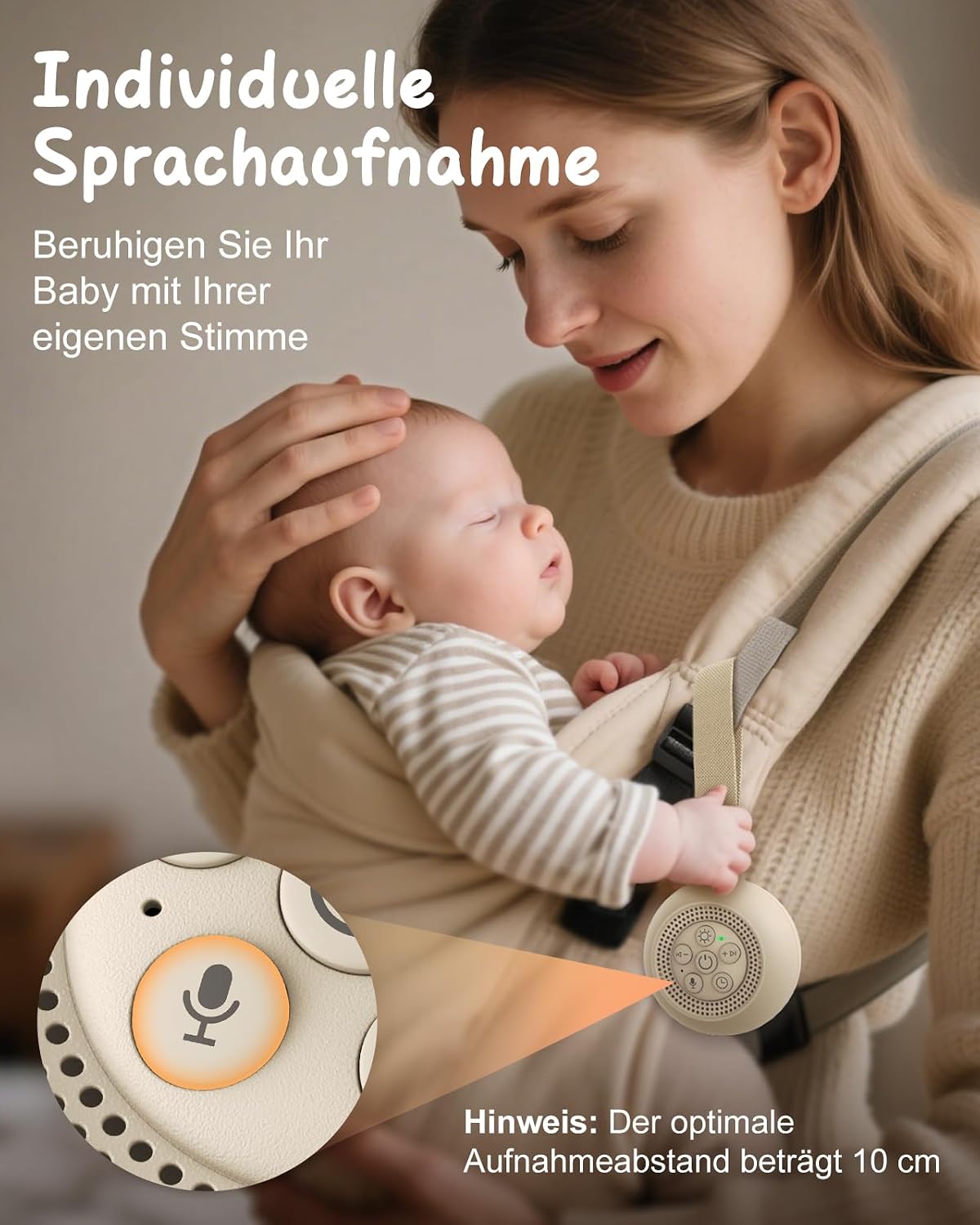 Detalle de Babacom Tragbare White Noise Machine Baby mit Sprachaufzeichnung – 15 beruhigende Geräusche, Nachtlicht, Timer und USB-C