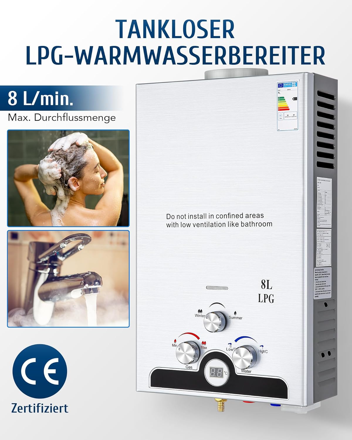 Thumbnail 3 de CO-Z 8L LPG-Gasdurchlauferhitzer (13,6 kW) – 8 l/min Tankless Warmwasserbereiter mit Sommer-/Winter-Muster