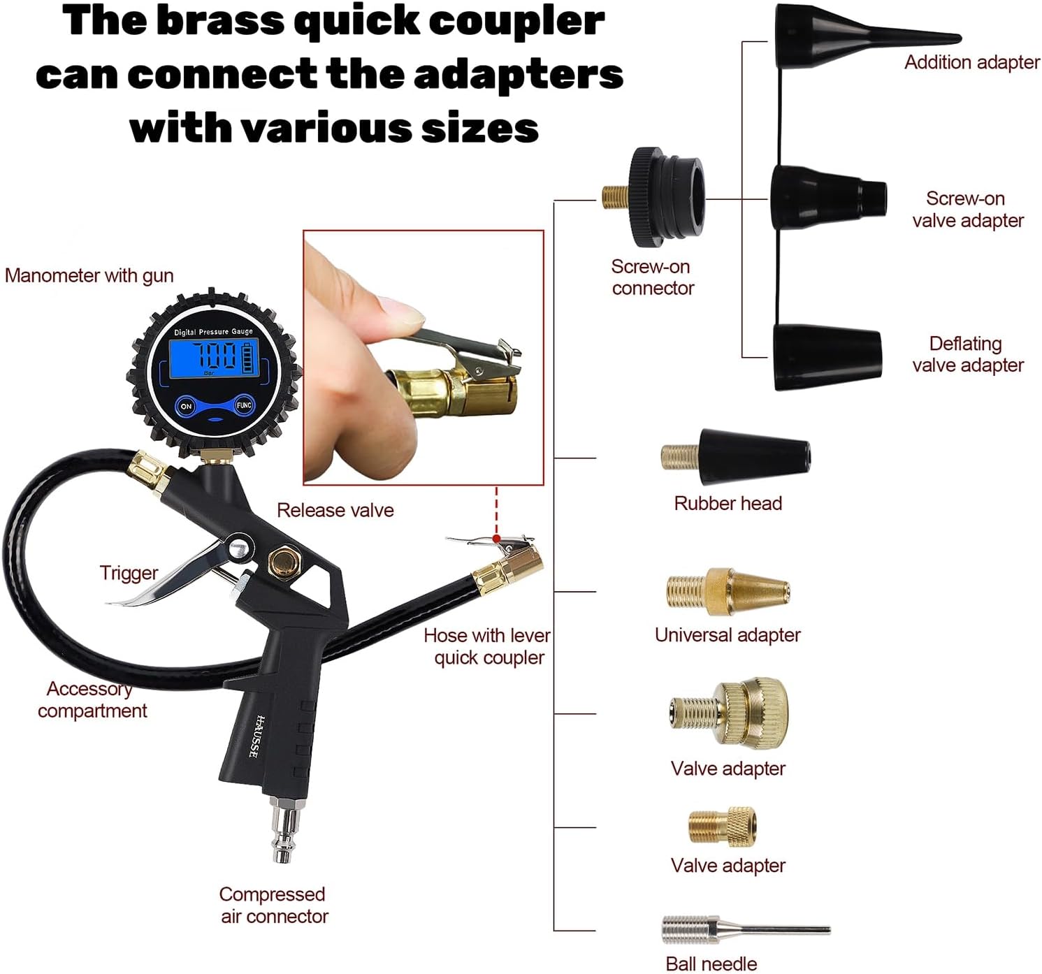 Thumbnail 1 de Hausse Heavy Duty Compressor Accessory Kit with Digital Tire Pressure Gauge, Inflator & 1/4" NPT Air Tool Fittings