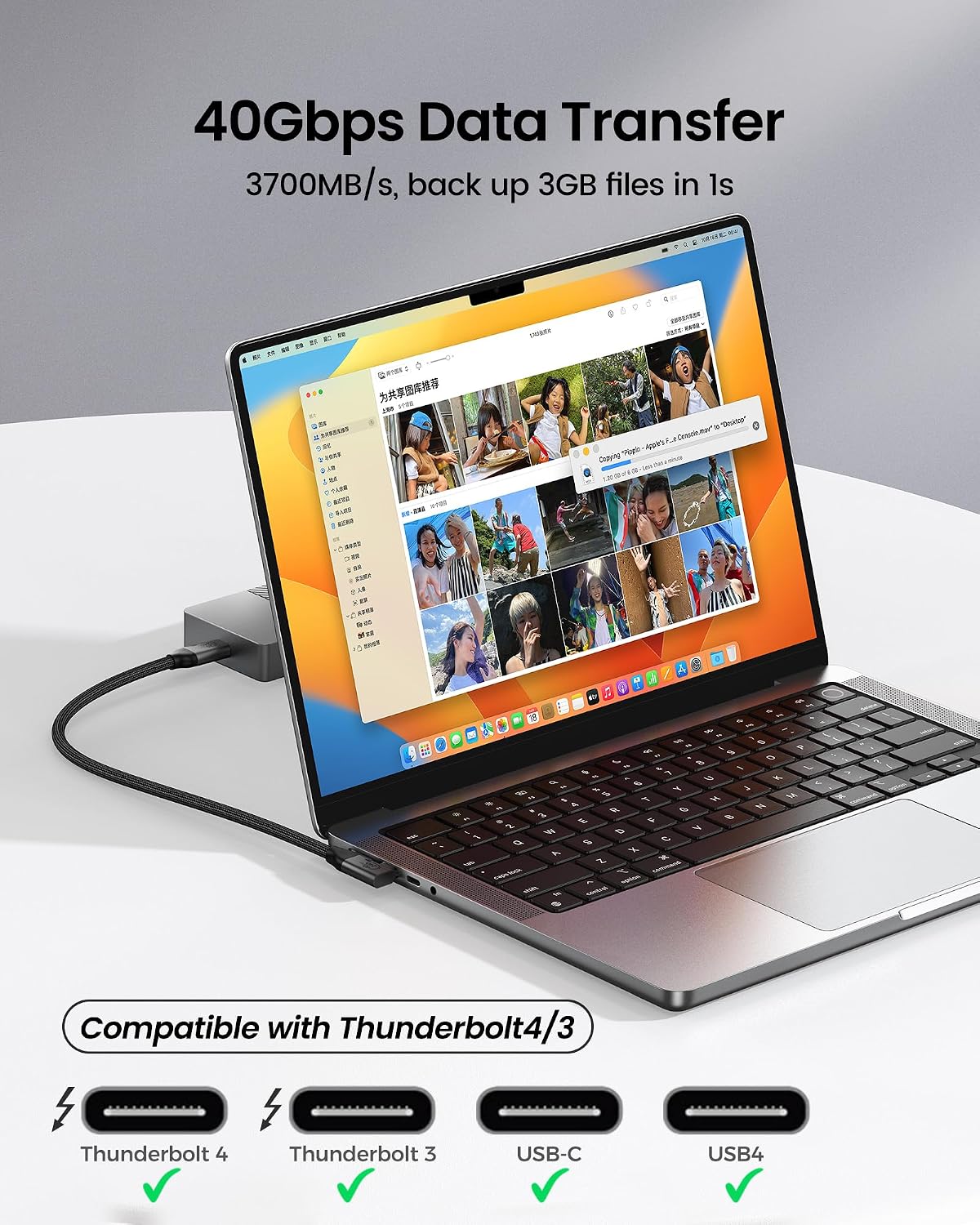 Thumbnail 1 de Silkland Long Right Angle 40Gbps USB4 Cable (10ft/3m) for Thunderbolt 4, 5K/4K@60Hz + 240W Charging