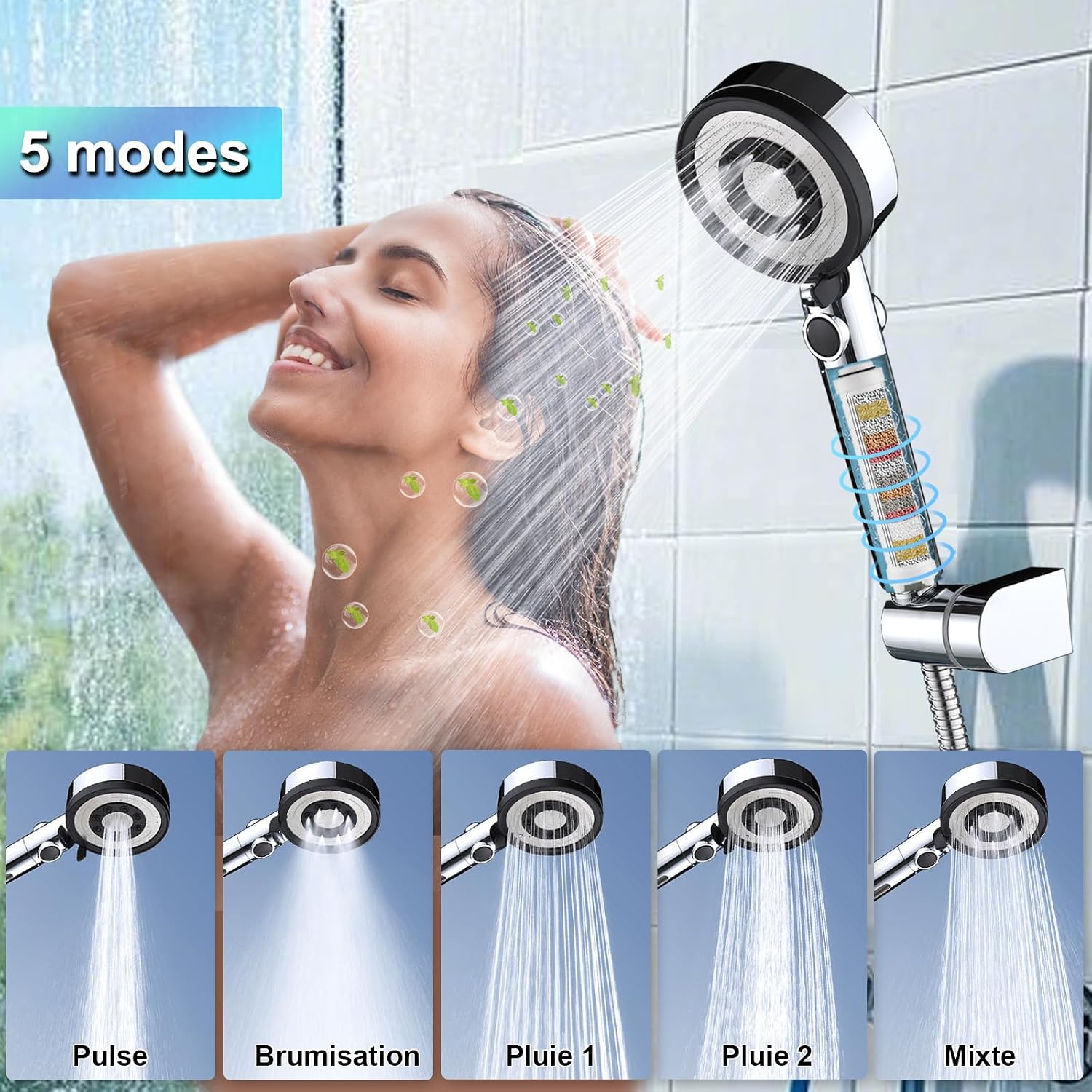 Detalle de Nafall N6001CP-UK douchekop met filter, 5 straalstanden en slang van 1,5 m