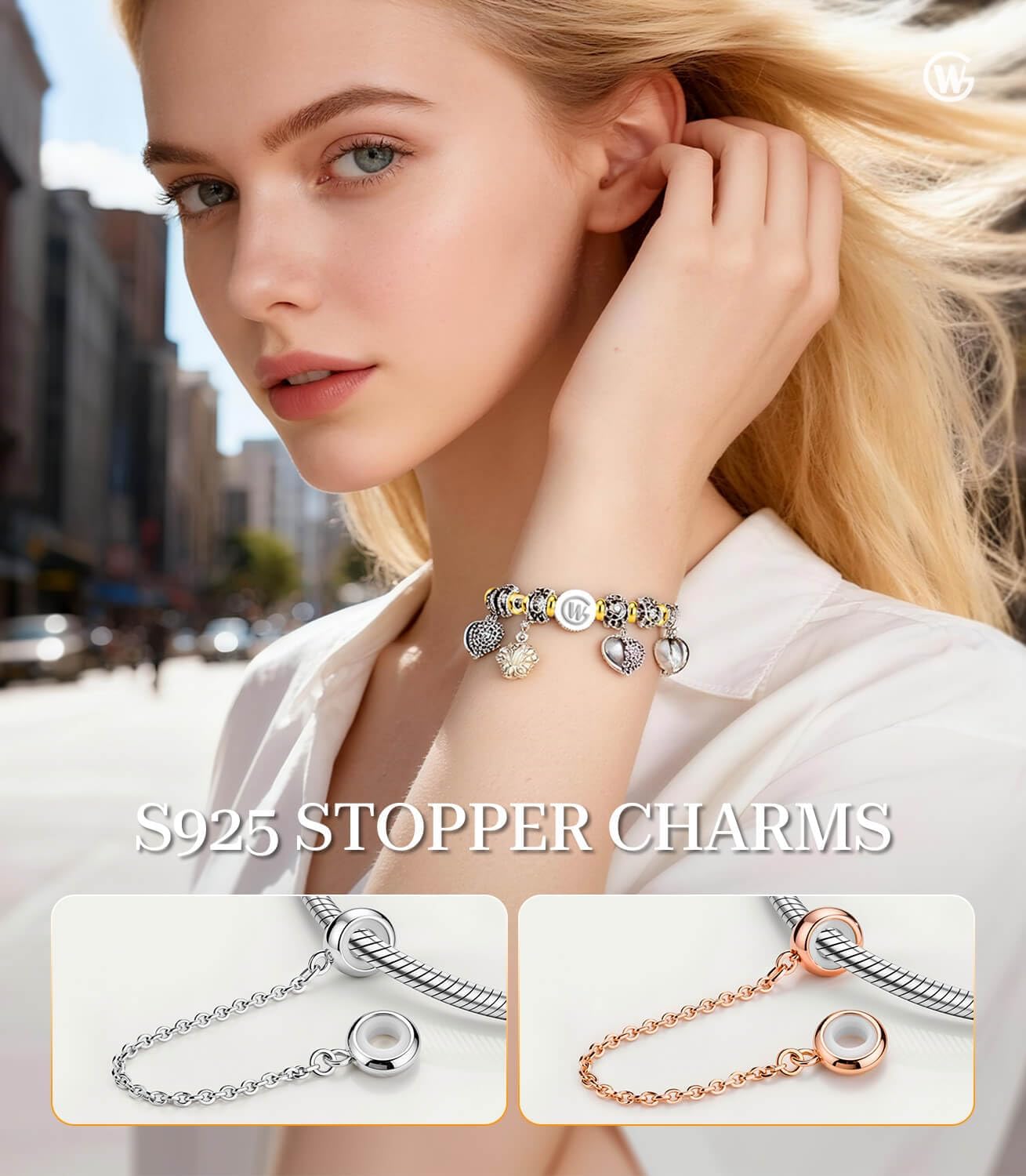Thumbnail 1 de GW Charms Stopper 925 Sterling Silber für Armband – Gummi Clip, 2,5 mm Loch, 4,4 mm Amulett, nickel- und bleifrei