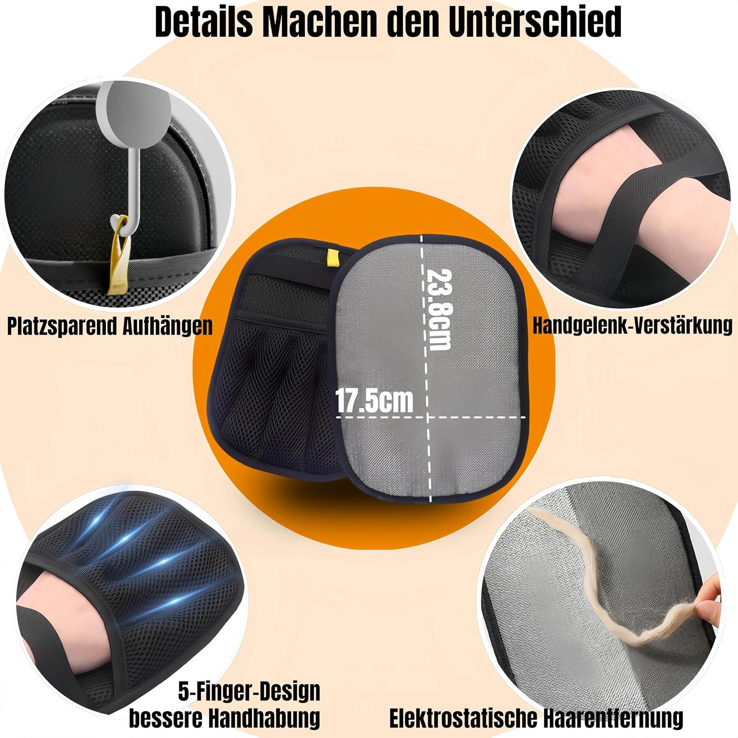 Detalle 2 de Upgrade Tierhaar Handschuh Fell Magnet – doppelseitiger Tierhaarentferner für Katzen & Hunde (2 Stück, schwarz)