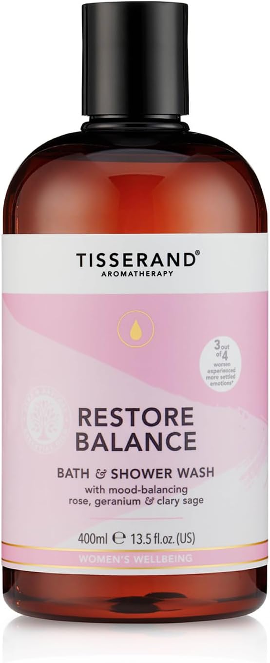 Detalle de Tisserand Restore Balance Bath & Shower Wash for Perimenopause, Menopause & Menstruation – Rose, Clary Sage & Geranium (400ml)