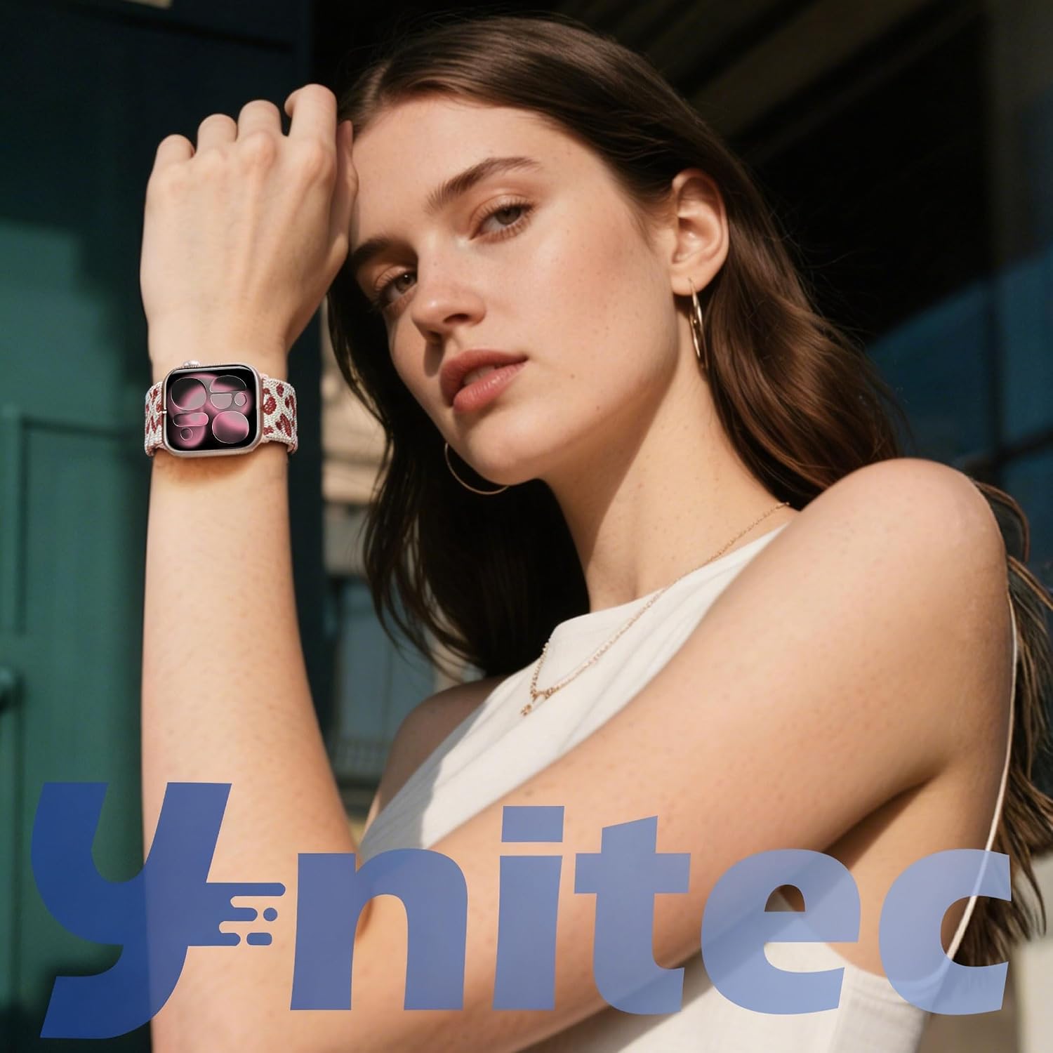 Detalle de Ynitec Leopard Print Elastic Apple Watch Strap – 38/40/41/42mm, Stretchy Nylon Band for Wrist, Arm or Ankle (Pink Leo)