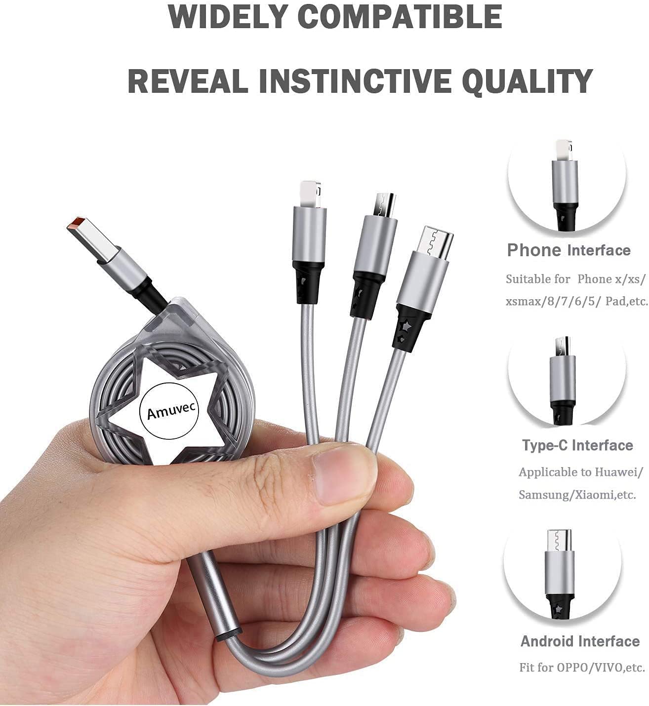 Thumbnail 1 de Amuvec Multi Retractable 3-in-1 Charging Cable (3A, 1m, 2 Pack) with iP/Micro USB/Type-C connectors