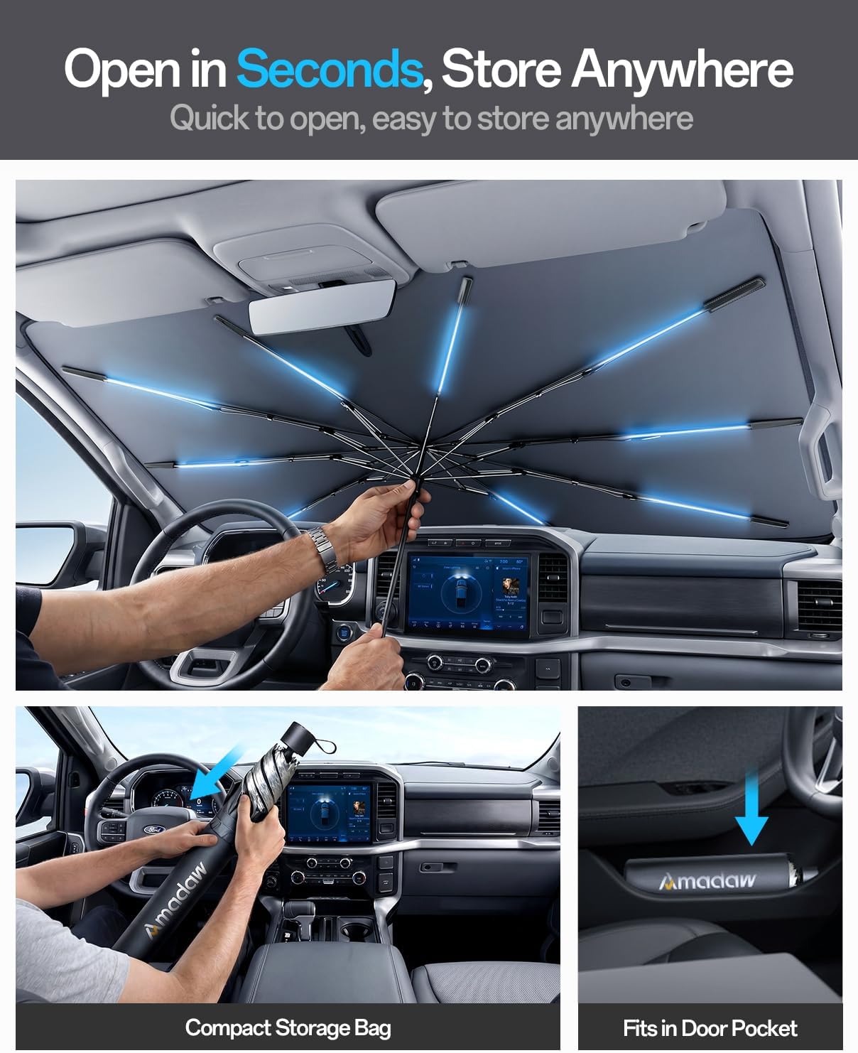 Thumbnail 4 de Ford F-150 2015–2026 Windshield Sun Shade — Foldable Umbrella Shade with 100% UV Block