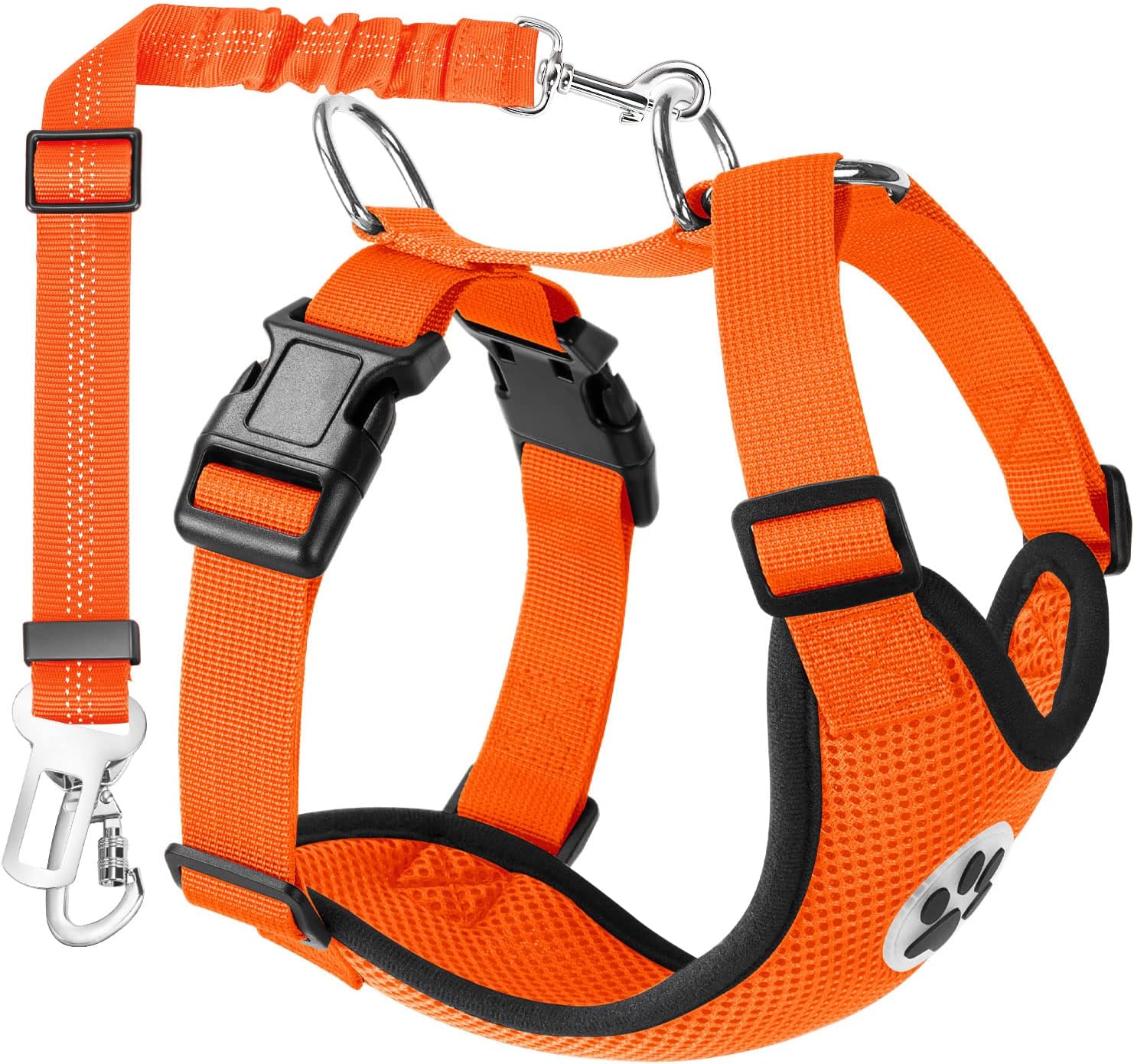 Detalle de SlowTon Hundegeschirr mit Sicherheitsgurt fürs Auto (mit 2 Karabinern, Orange, M)