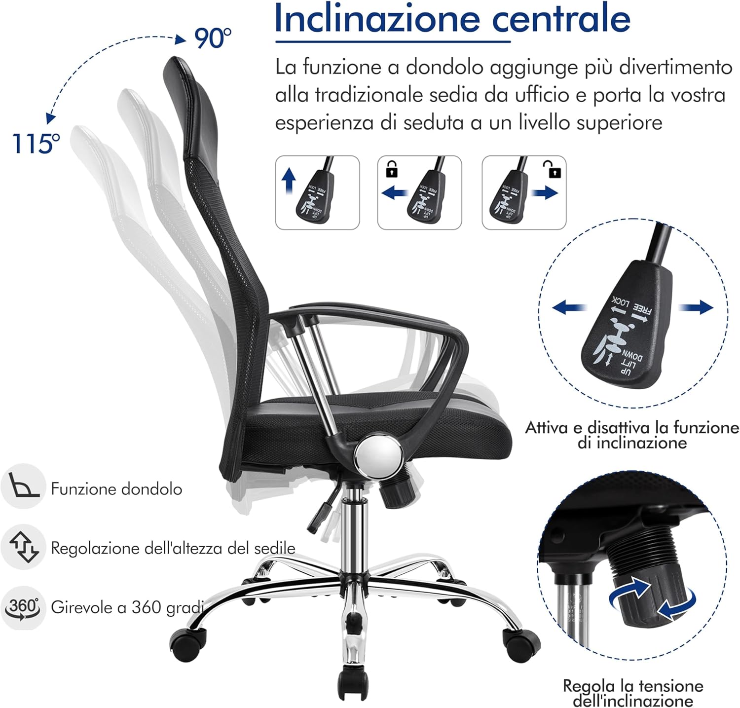 Thumbnail 6 de Yaheetech Sedia Ufficio ergonomica con schienale alto reclinabile, altezza regolabile e portata 135 kg
