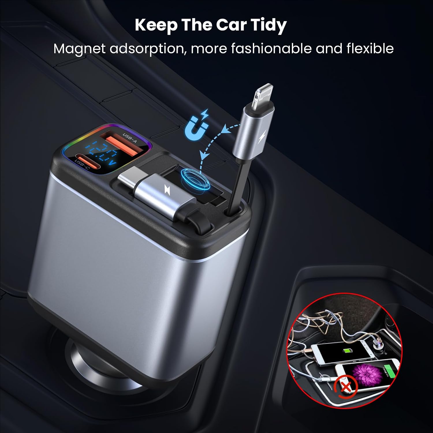 Detalle 2 de Cargador coche 147W con cable retráctil