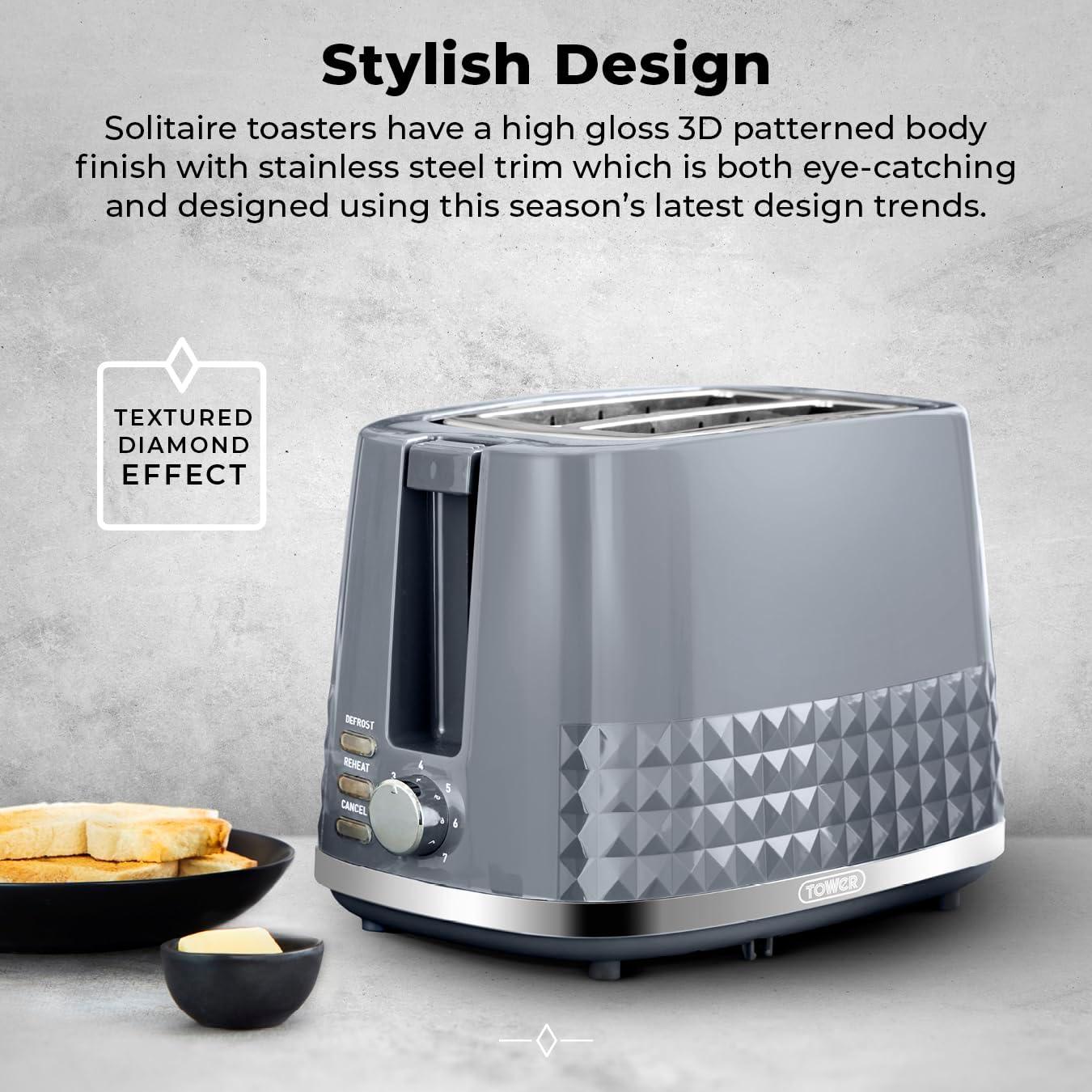 Detalle de Tower T20082GRY Solitaire 2 Slice Toaster: a practical, stylish addition to a busy kitchen