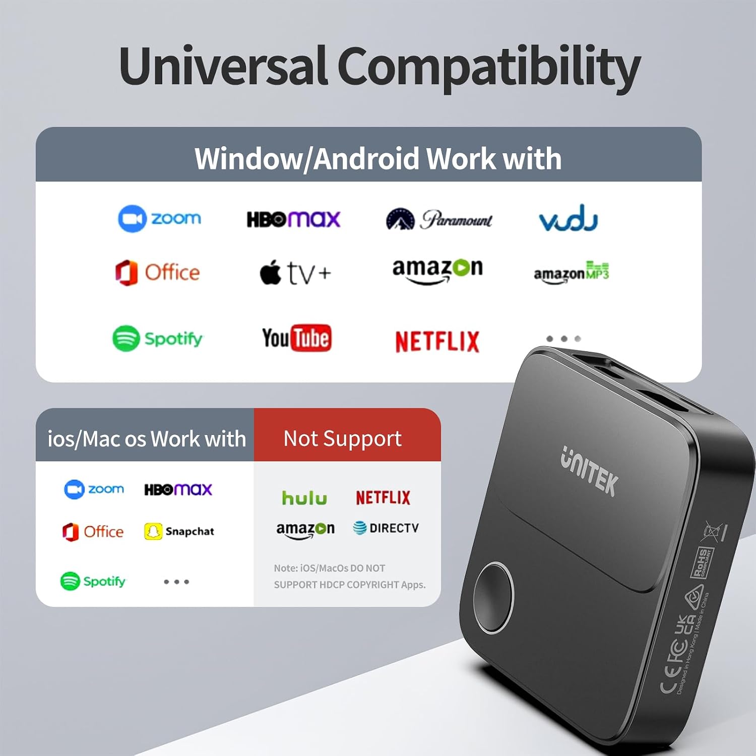 Detalle de UNITEK Adaptateur dongle d’affichage HDMI sans fil 4K double bande 2,4/5 GHz (récepteur TV pour mirroring)