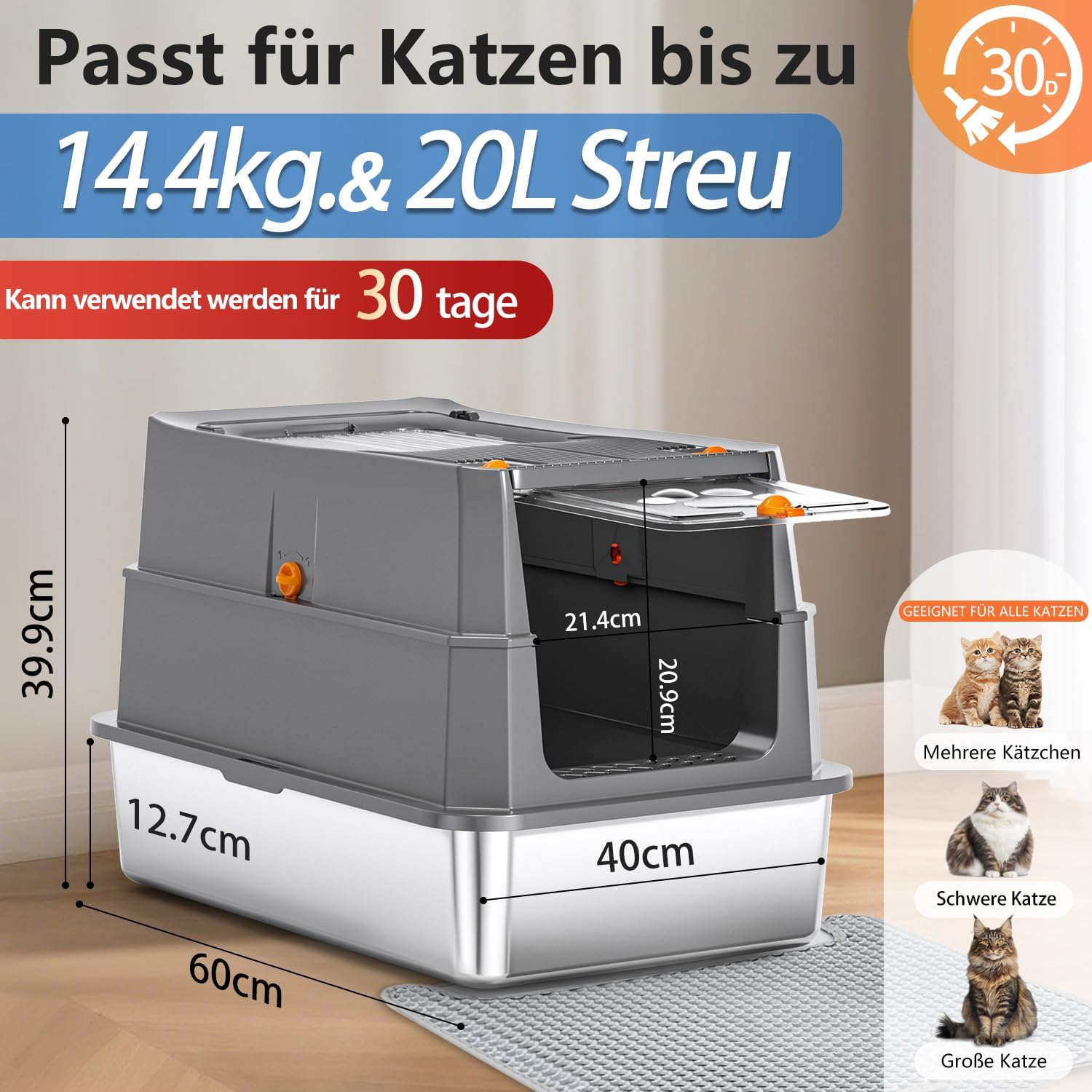 Detalle de Edelstahl Katzenklo mit Deckel 155° Klappdeckel XL – hochwertiges, geschlossenes Katzenklo aus 304 Edelstahl