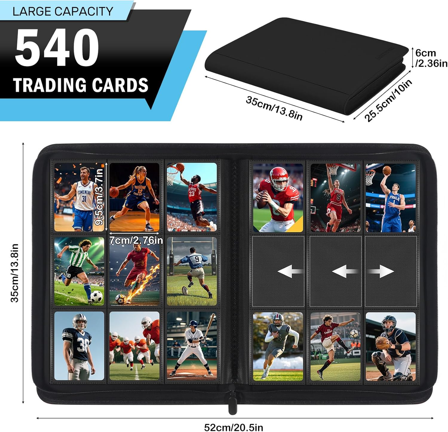 Thumbnail 1 de WITHYU 9 Taschen Sammelalbum für Karten mit 540 Kapazität (Seiteneinschub, Reißverschluss, wasserdicht) – Schwarz