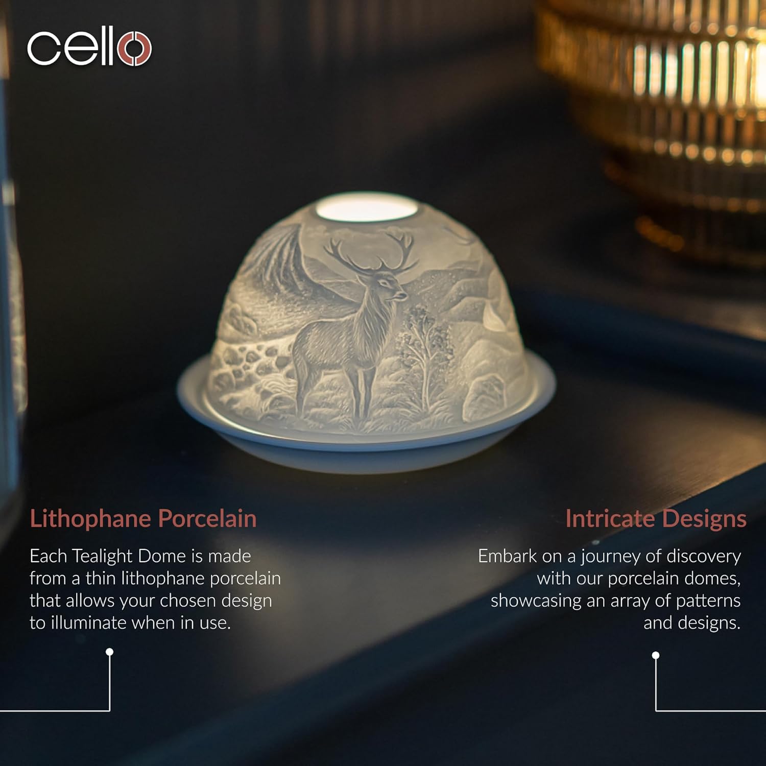 Thumbnail 1 de Cello Photophore en porcelaine en forme de dôme avec cerf en lithophane – effet 3D