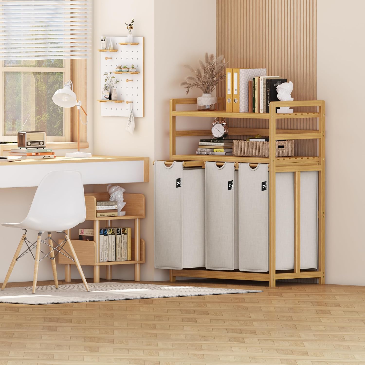 Thumbnail 6 de ADEL DREAM Kuche-06 wasmand 150 l met 3 vakken, bamboe frame en 2 legplanken