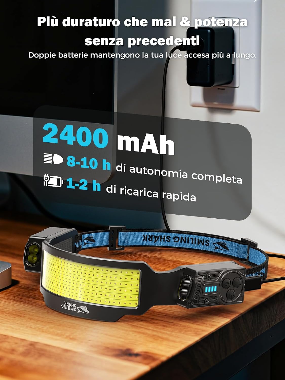 Detalle de Smiling Shark Lampada Frontale TS-6: torcia LED ricaricabile con sensore movimento