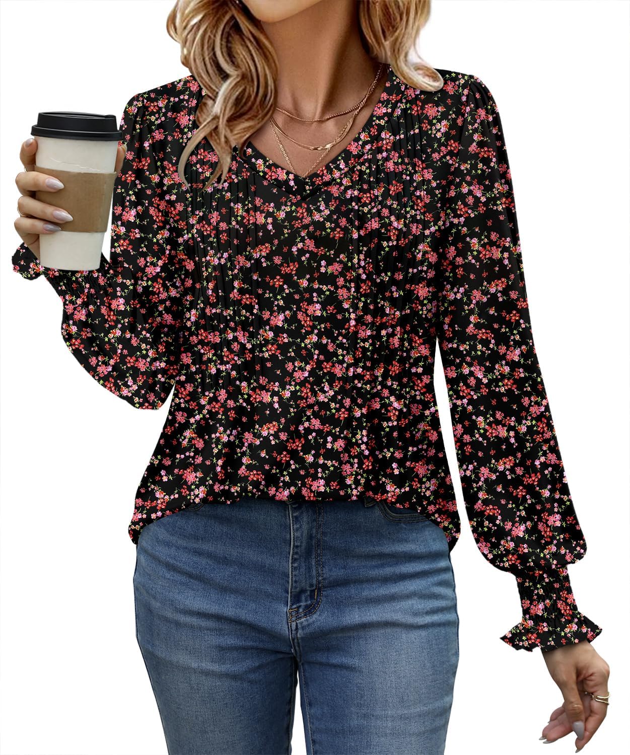 Detalle 2 de onlypuff Women's V-Neck Tunic Top with Pleats and Puff Sleeves