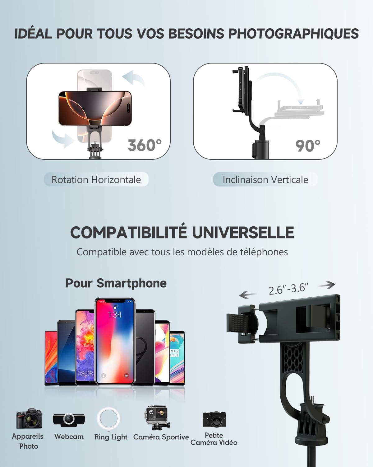 Thumbnail 4 de RISEOFLE 180 cm trépied smartphone rétractable avec télécommande