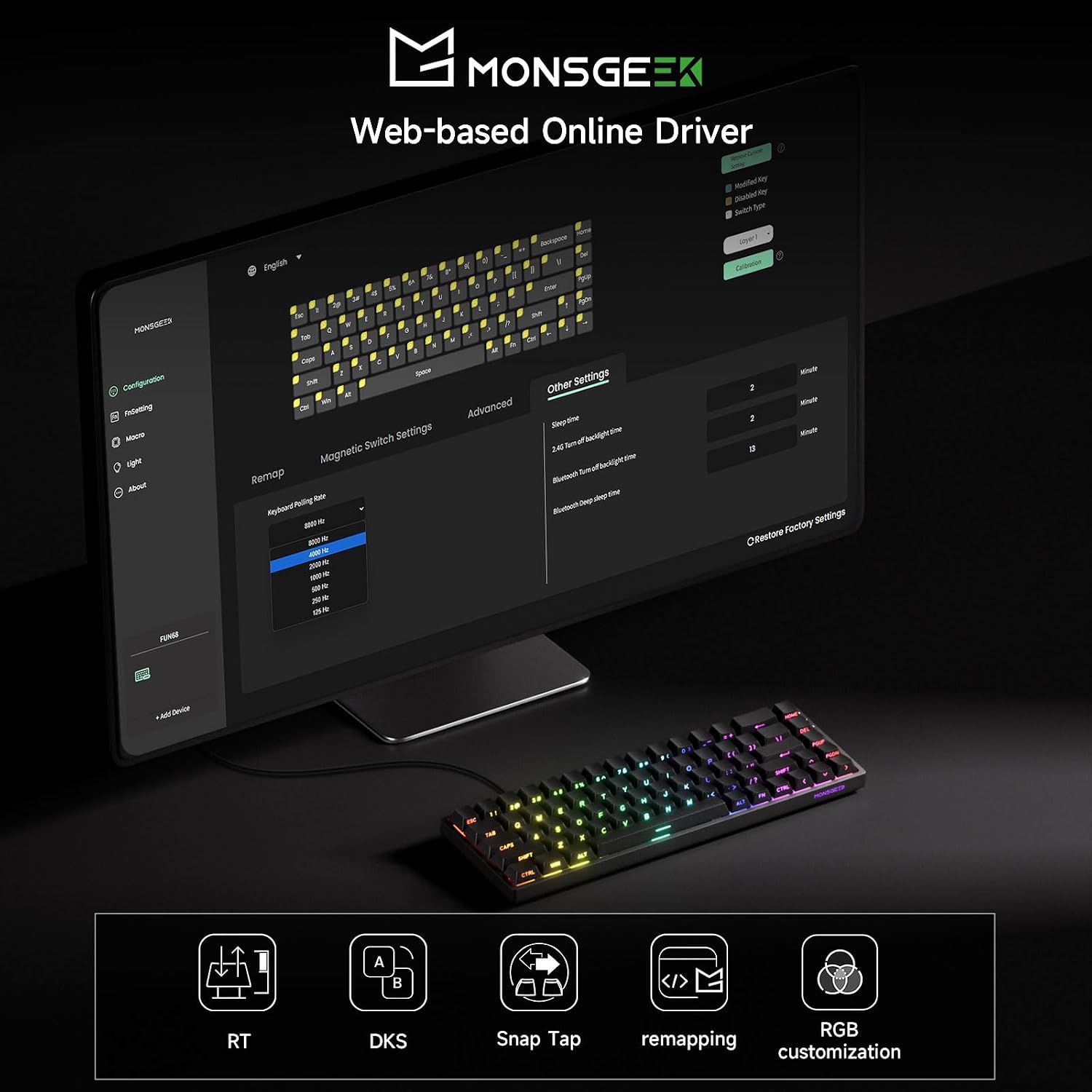 Detalle de MONSGEEK Clavier à déclenchement rapide FUN68 HE – 65% compact, RGB ARGB, interrupteurs magnétiques Glare