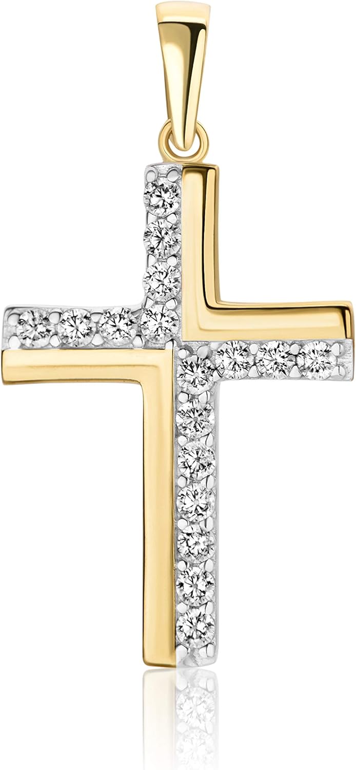 Detalle de Prins Jewels Ciondolo Croce in Oro Giallo 14K 585 con Zirconi – Unisex, 21 x 14 mm