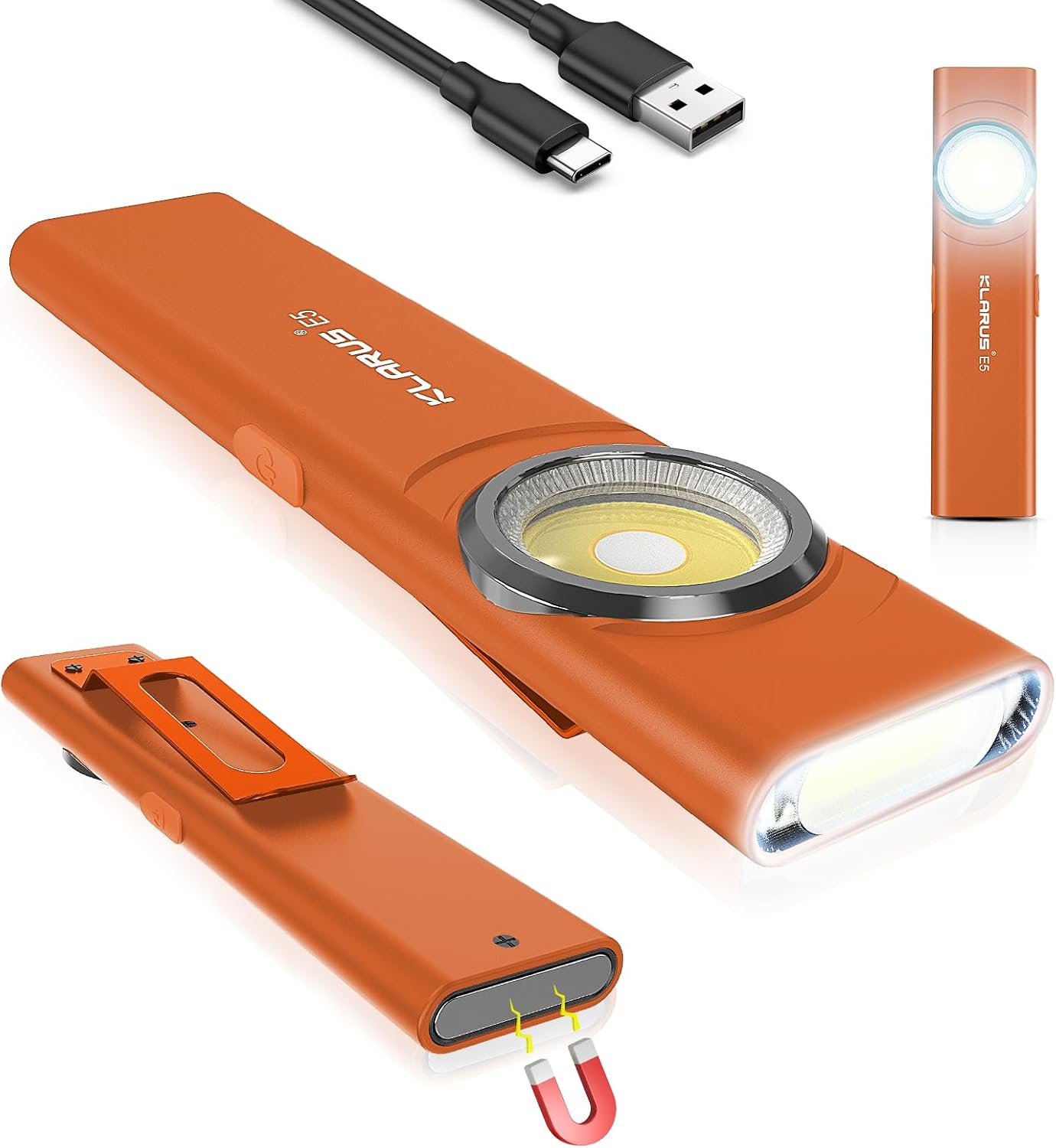 Detalle de Klarus Lampe de travail COB rechargeable USB‑C 600 lumens, mini EDC plate avec base magnétique et clip