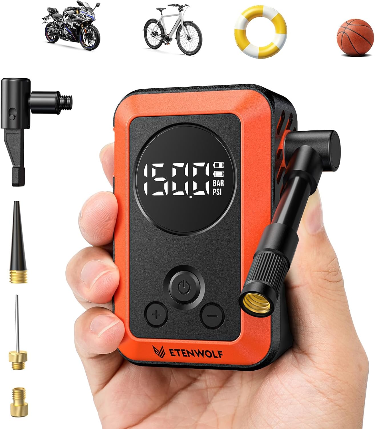 Detalle de ETENWOLF S0 Mini Electric Bike Pump, 150 PSI, Gauge, Presta/Schrader