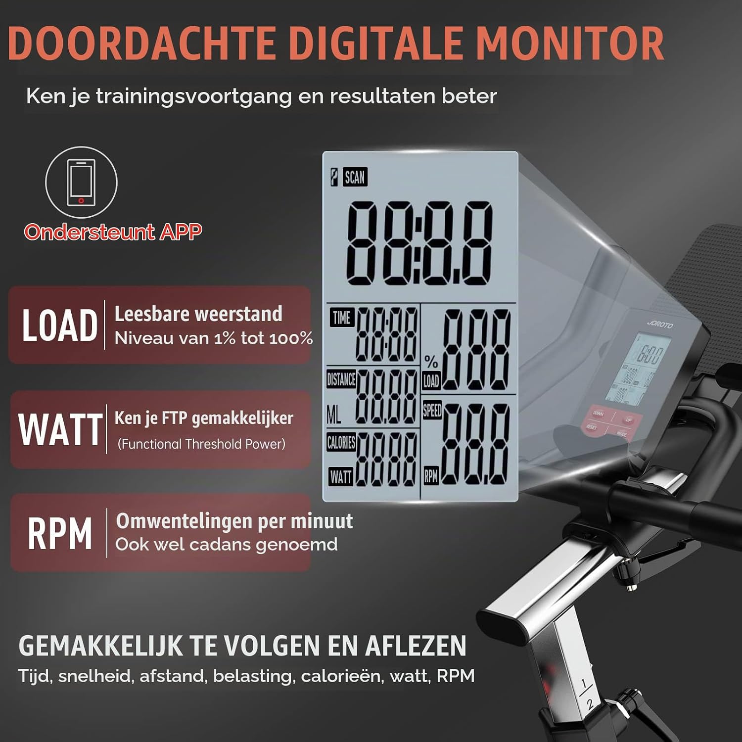 Detalle de JOROTO X2PRO hometrainer met Bluetooth, magnetische weerstand en riemaandrijving