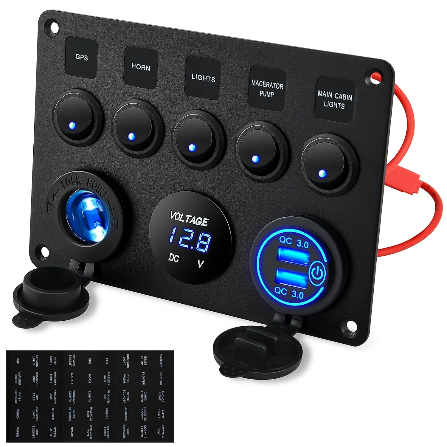 Detalle de Kohree 12V Schalterpanel 5-Gang mit IP65, Dual-USB (QC 3.0) und LED-Voltmeter