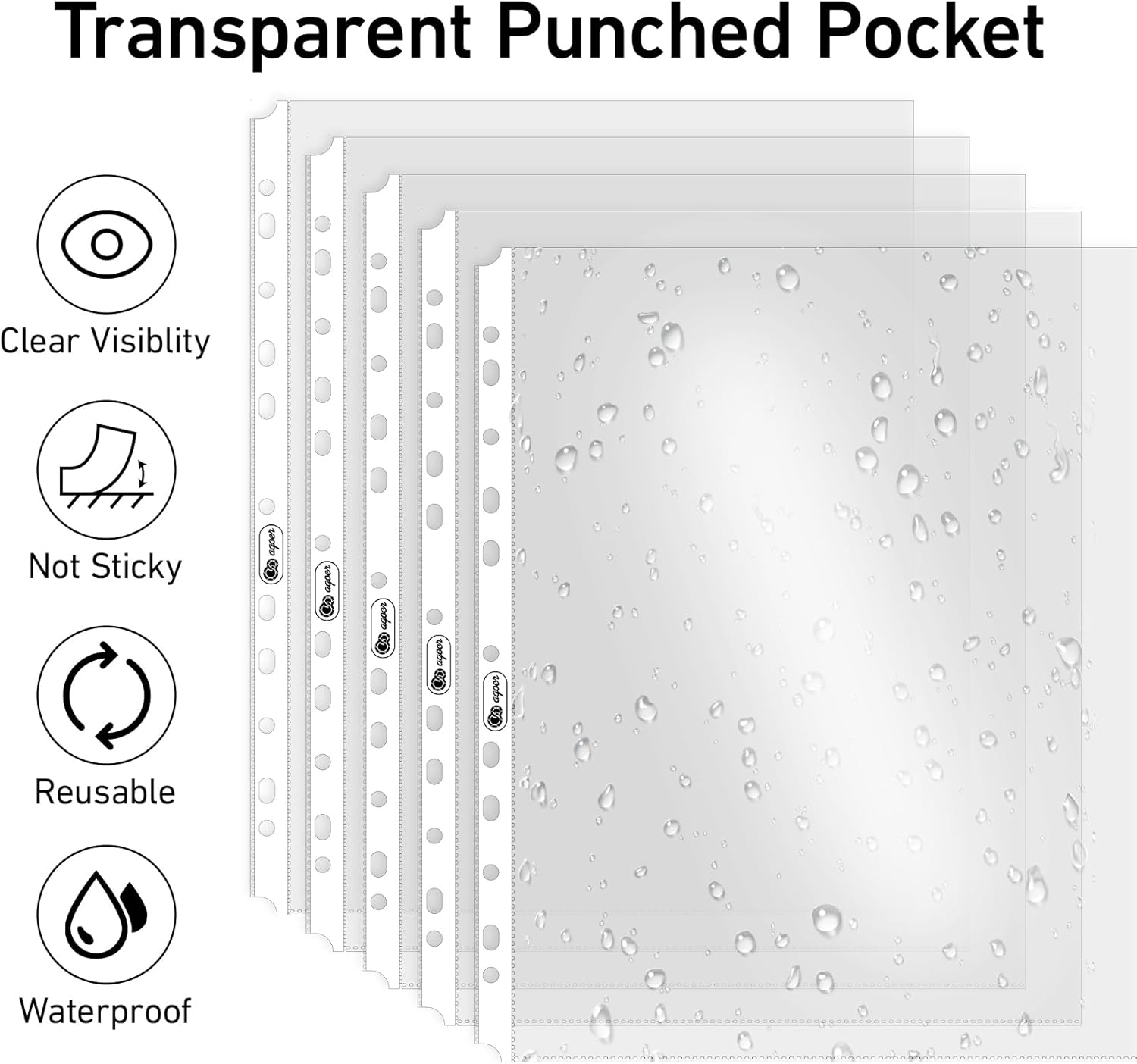 Thumbnail 1 de Agoer Punched Pockets A4 Heavy Duty 120 Micron — 80 Pcs with Page Markers, Top Opening 11-Hole, PP Plastic Folders