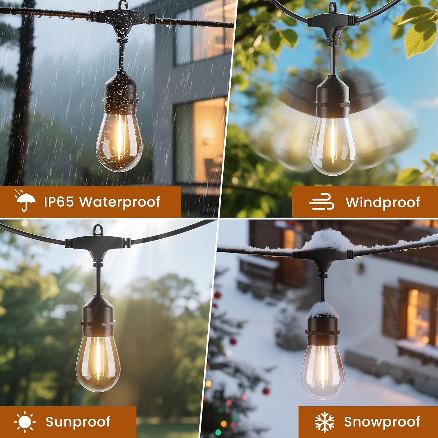 Detalle 2 de Yuucio S14 100FT Catena Luminosa Esterno IP65 con 32 Lampadine S14 da 1W – Luce Bianca Calda 2700K