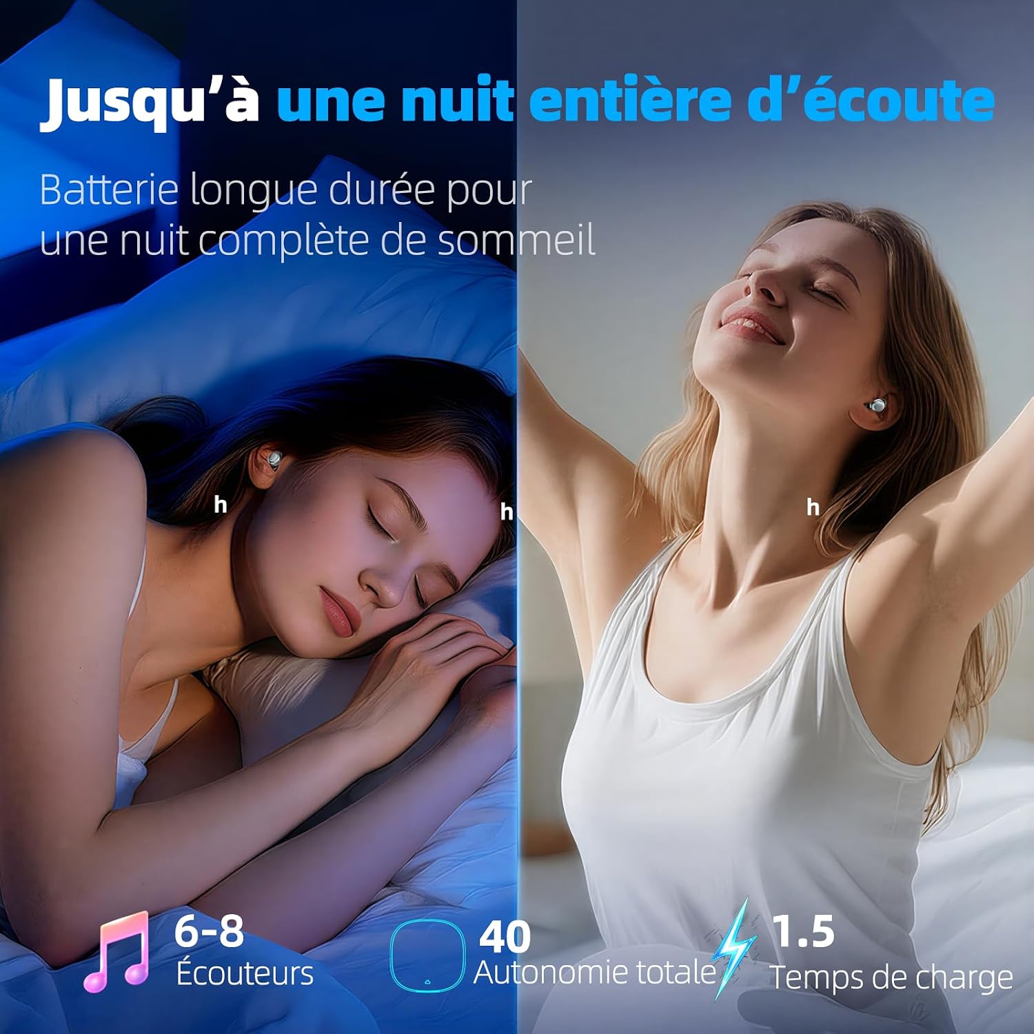 Detalle de Ecouteurs Bluetooth Sleep Earbuds sans Fil — Ultra-légers (2,5 g), double mode sommeil et boîtier à ouverture coulissante