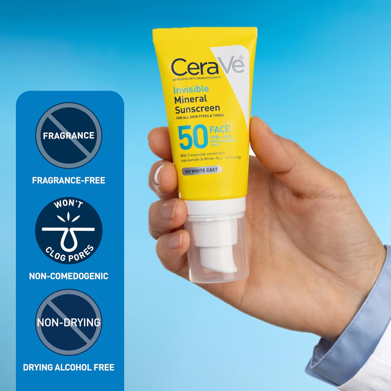 Thumbnail 3 de CeraVe Invisible Mineral Face Sunscreen SPF 50 (Zinc Oxide & Titanium Dioxide) Travel Size, for Sensitive Skin
