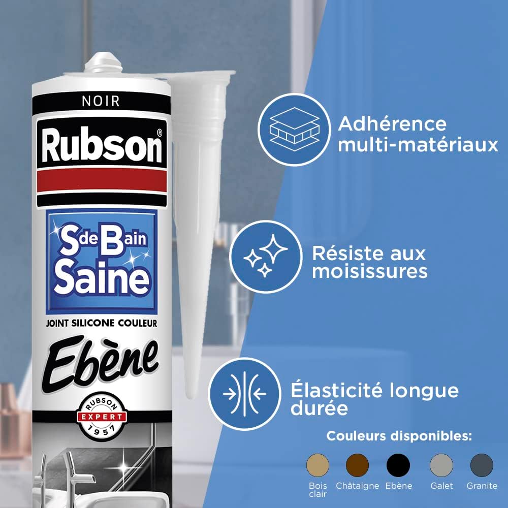 Detalle de Rubson Mastic Salle de bain Saine Couleur « Bois Clair » beige 280 ml – joint silicone sanitaire multi-matériaux antifongiques