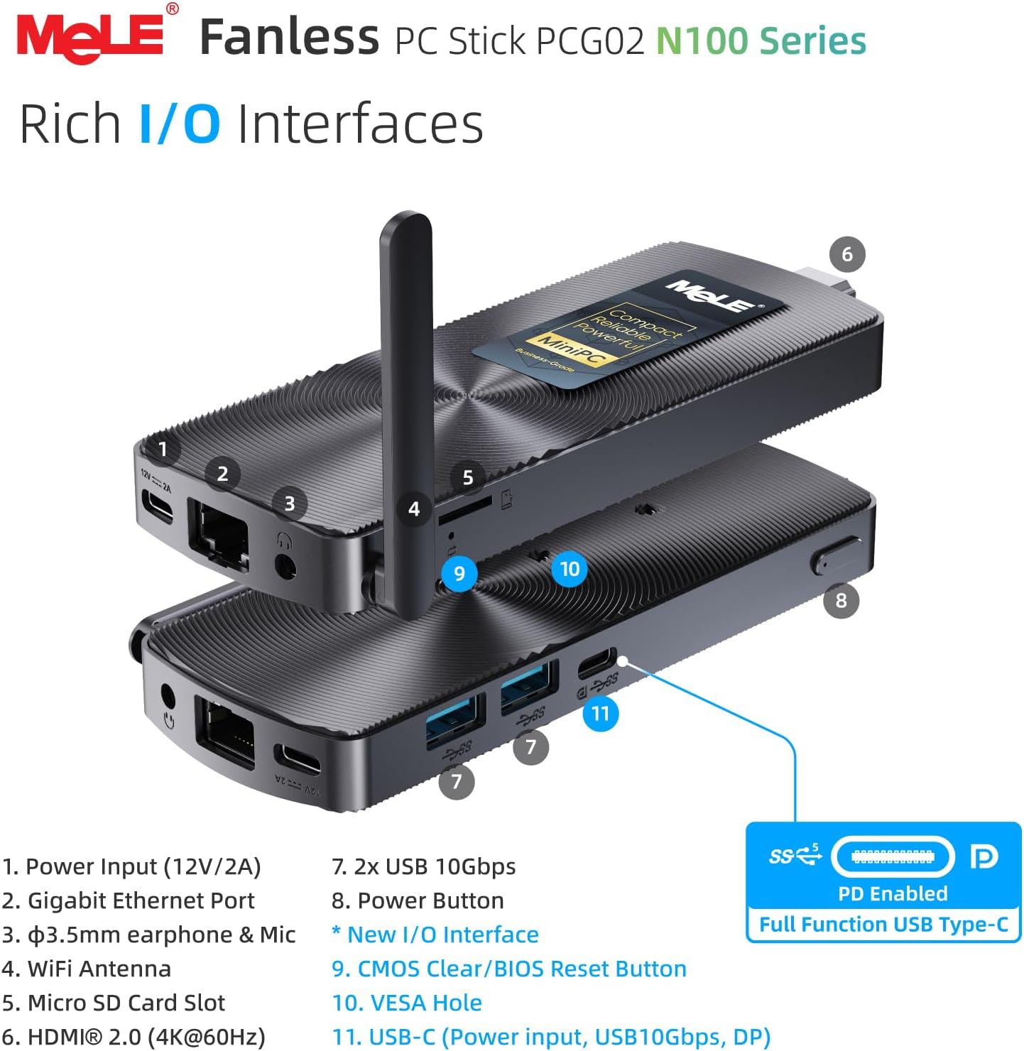 Detalle 2 de MeLE Upgraded PCG02 Fanless Mini PC Stick with Windows 11 Pro, N100 CPU, 8GB RAM, 256GB SSD