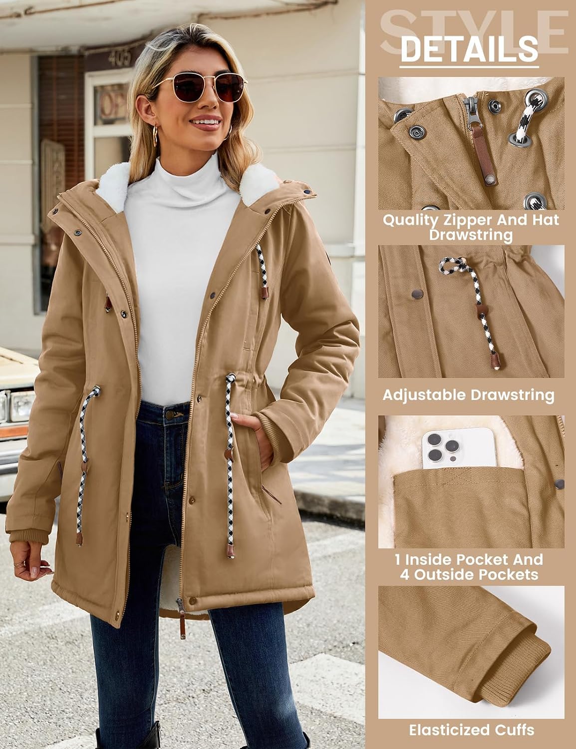 Thumbnail 3 de Xnova Women's Winter Fleece-Lined Cotton Parka Jacket with Hood and Drawstring