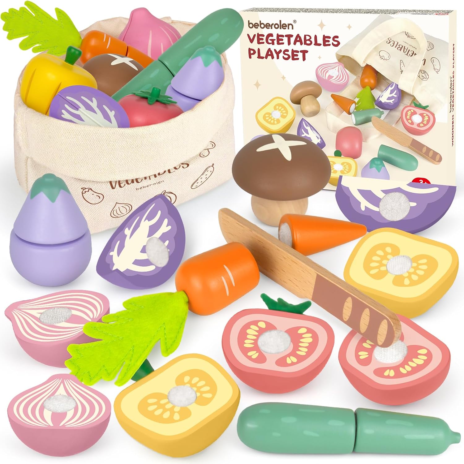 Detalle de Beberolen Kinderküche Zubehör aus Holz – Obst & Gemüse Set mit Tragetasche