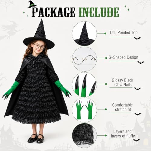 Thumbnail 2 de Ainvliya Kids Witch Costume Set (140) – Black Fluffy Princess Dress with Hat, Glasses & Accessories