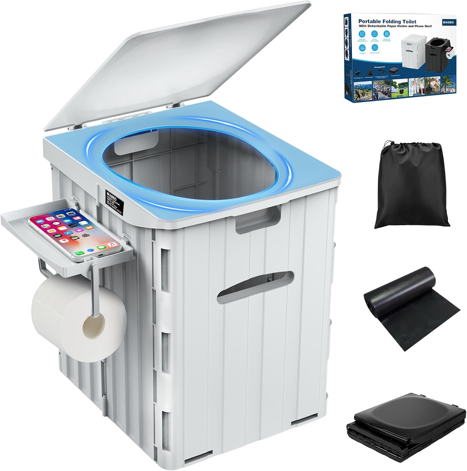 Detalle de WADEO OD0558-P XXXL draagbaar toilet met deksel, telefoon- en toiletrolhouder