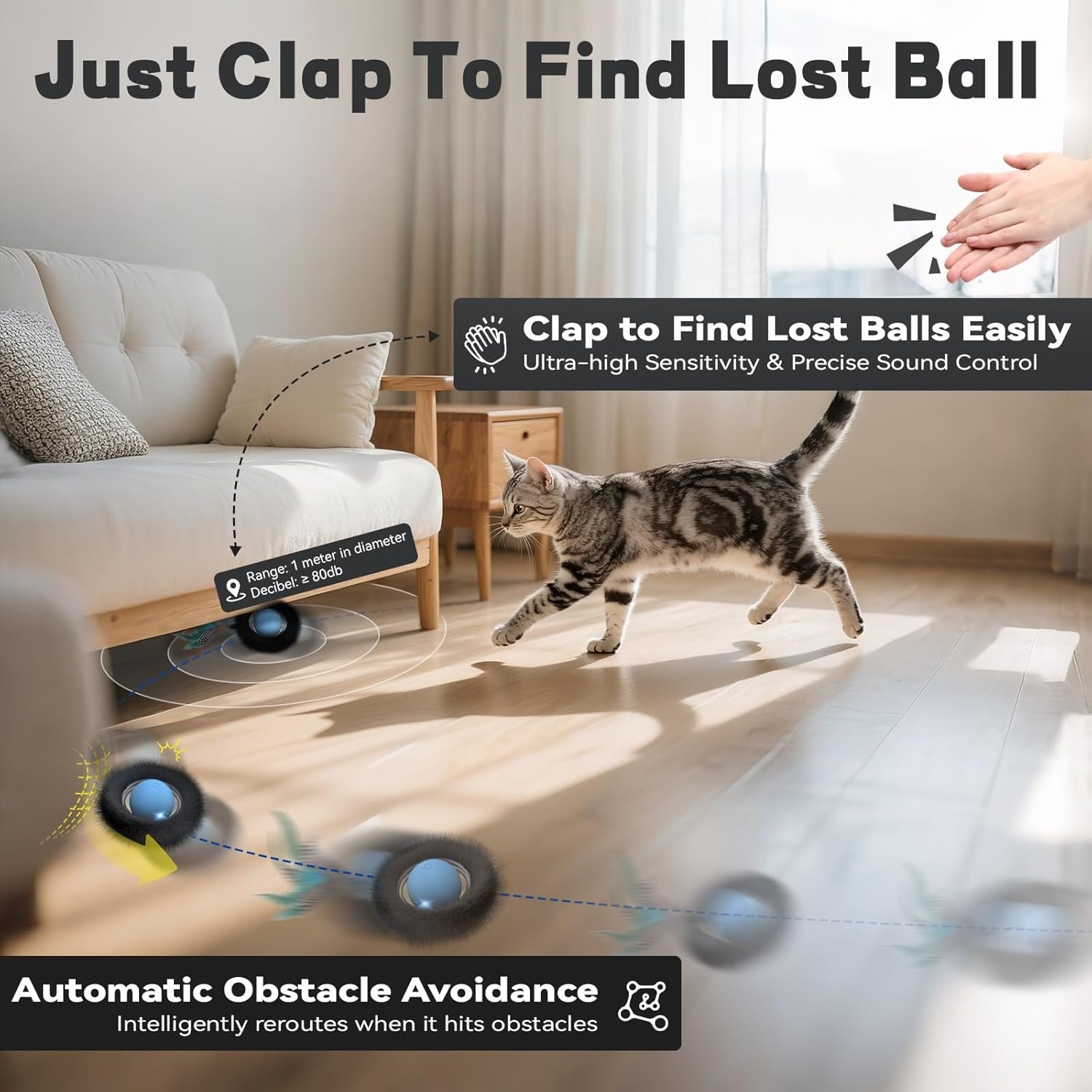 Thumbnail 5 de Zeepet Cat Toys: Interactive Indoor Maze Ball Toy with 4 Modes, Clap Activation and Obstacle Avoidance