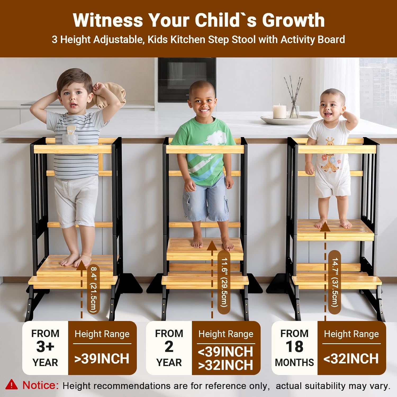 Detalle de COSYLAND Height-Adjustable Toddler Standing Tower – Stable Bamboo Kitchen Stool (Black & Natural)
