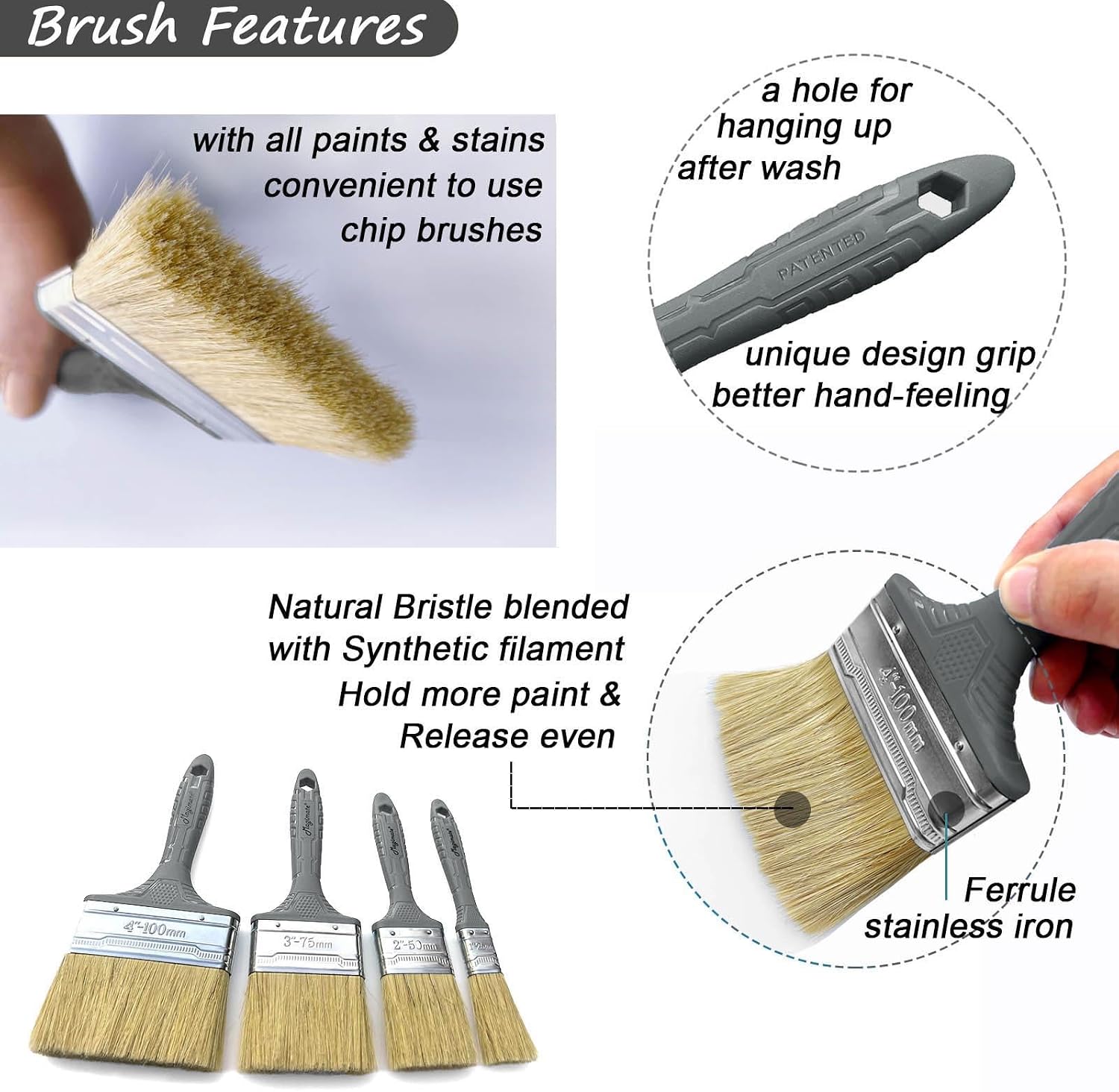 Detalle de Magimate Bristle Paint Brush Set (1–4 Inch) for Walls, Trim and Wood Finishes