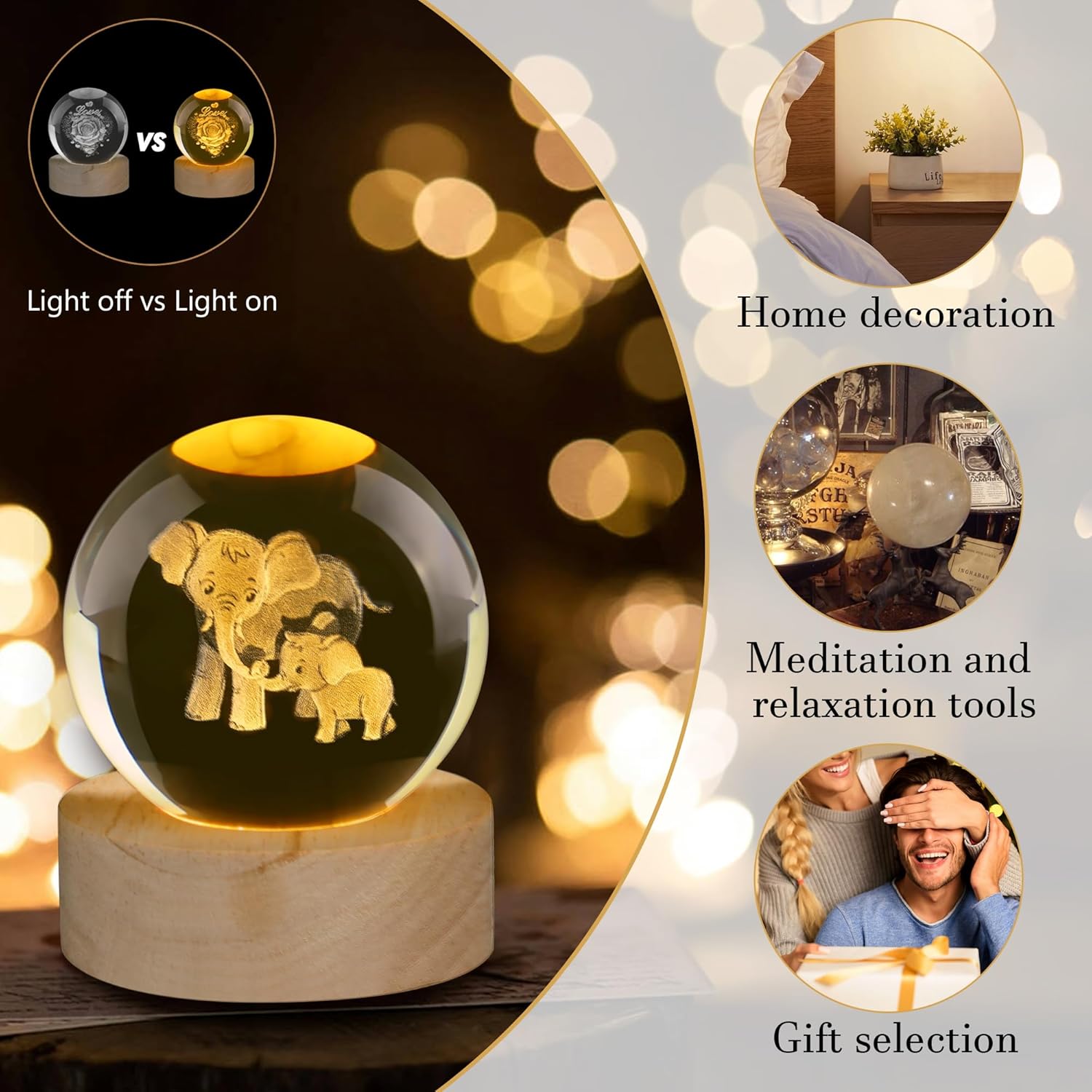 Detalle de AWARDSEN Elephant Crystal Ball with Luminous Base: Gentle Night Light and Thoughtful Gift