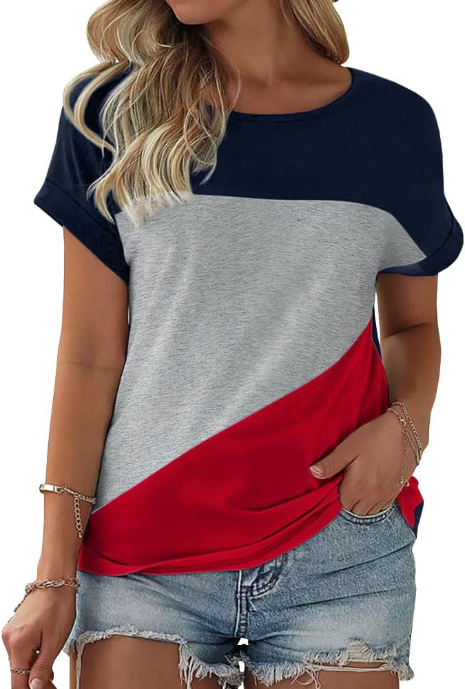 Thumbnail 4 de Fisoew Damen T-Shirt Rundhals Farbblock – locker sitzendes Baumwoll-Oberteil für den Sommer