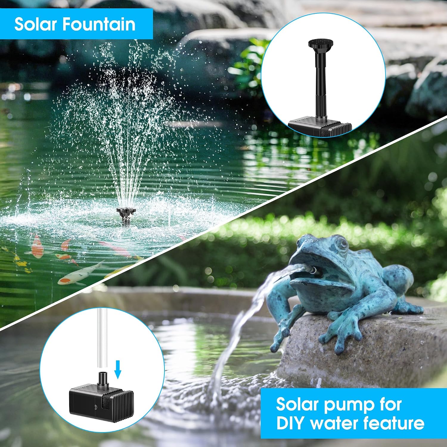 Detalle de Biling Solar Pond Fountain with Battery Backup (8W, up to 300 L/H) for garden ponds and water features