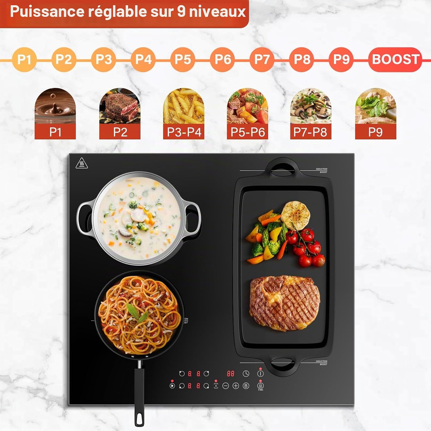 Detalle de KICHPOWER Plaque Induction 4 Feux avec Zone Flexible 60 cm – 6000 W, Commande Tactile