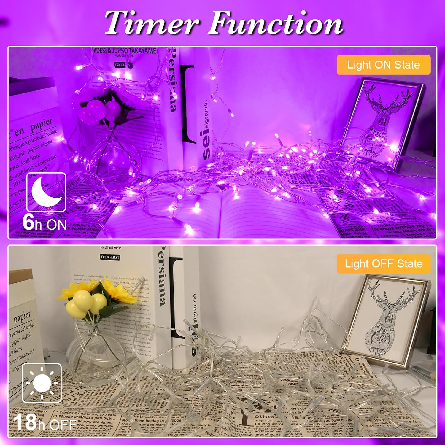 Detalle de Gcstnn Battery Fairy Lights, 3M 30 LED – Purple, IP65, Battery Operated with Timer