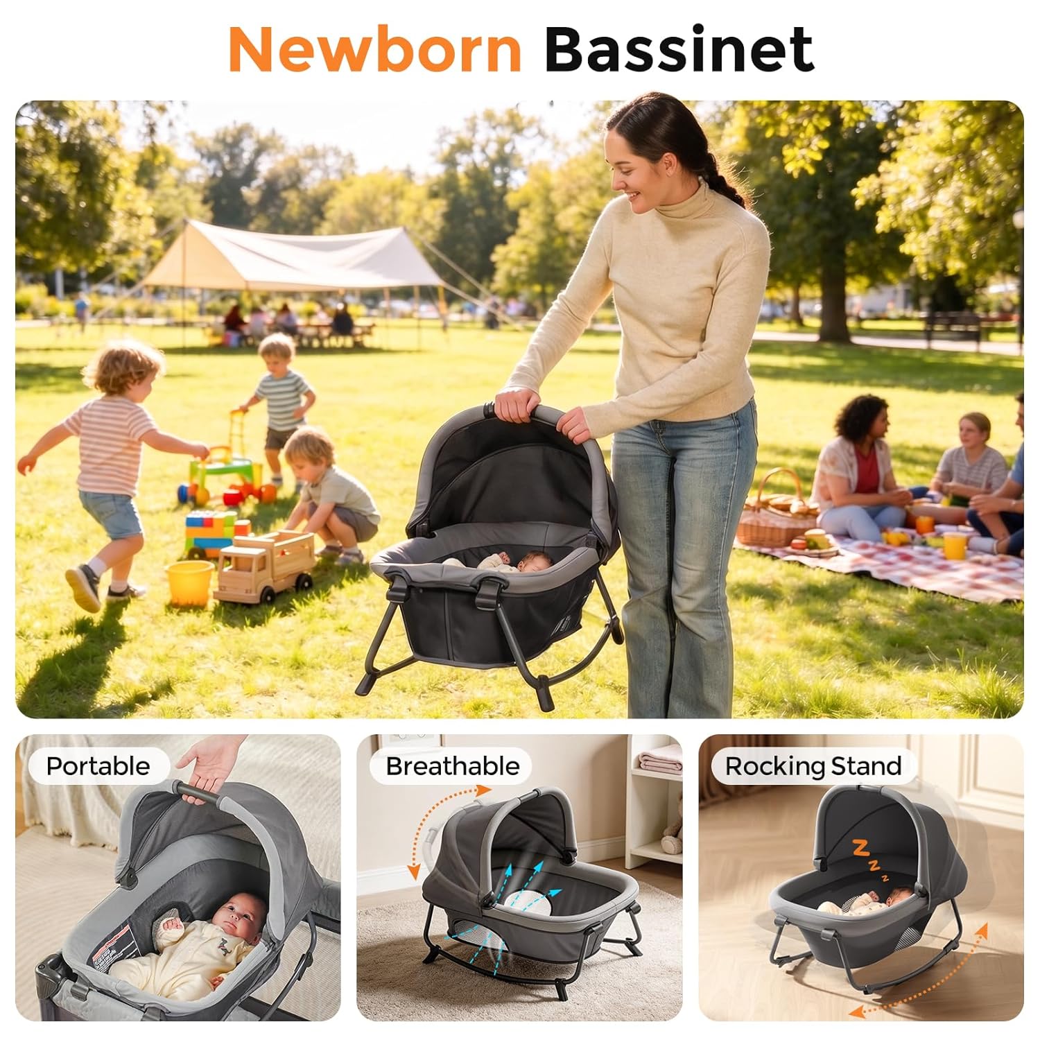 Detalle de Pamo Babe Pack and Play with Bassinet: 7-in-1 Portable Bedside Crib and Playard
