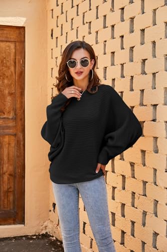 Detalle 1 de Fessceruna Damen-Oversize-Strickpullover mit Fledermausärmeln, Rundhals und Rippstruktur, Schwarz, L